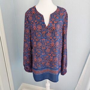 Ann Taylor Long Sleeve Split V-Neck Blue Red Floral Paisley Tunic Blouse Size M